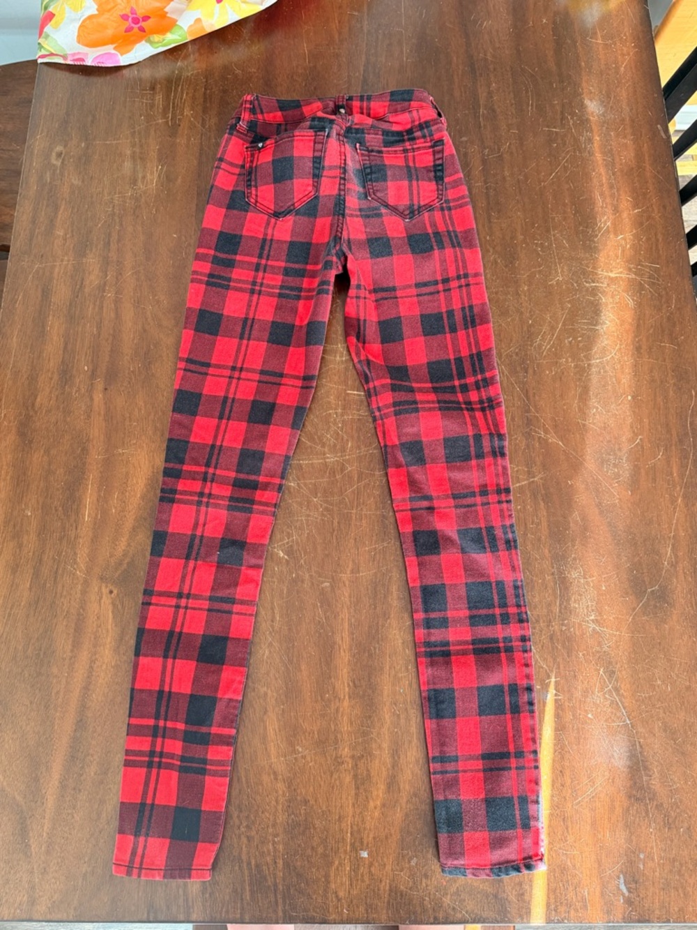 Black heart Red & Black Plaid Skinny Pants with Zip and Patch Details - Picture 2 of 9